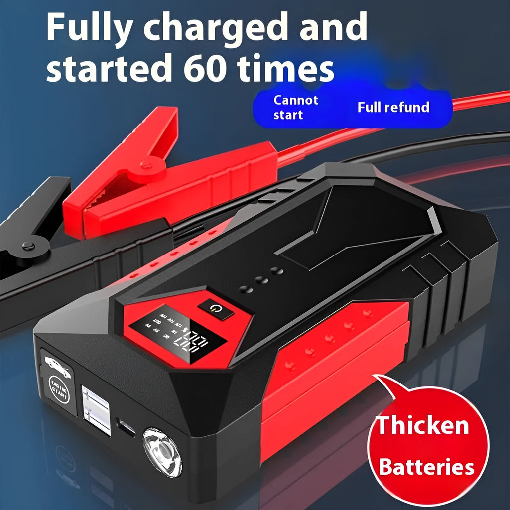 Red 12V car emergency start power bank with 18800mAh capacity and battery clamps