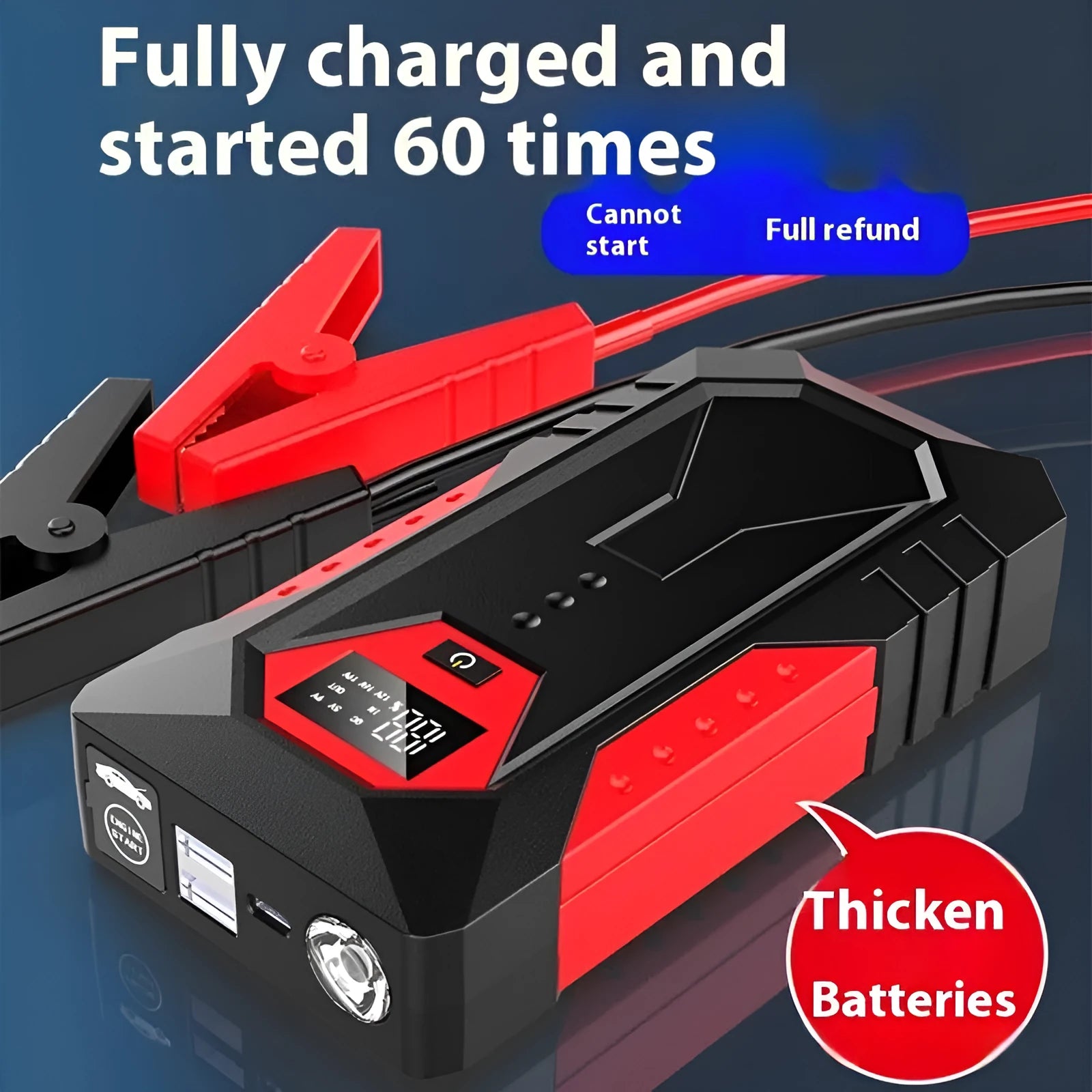 Red 12V car emergency start power bank with 18800mAh capacity and battery clamps