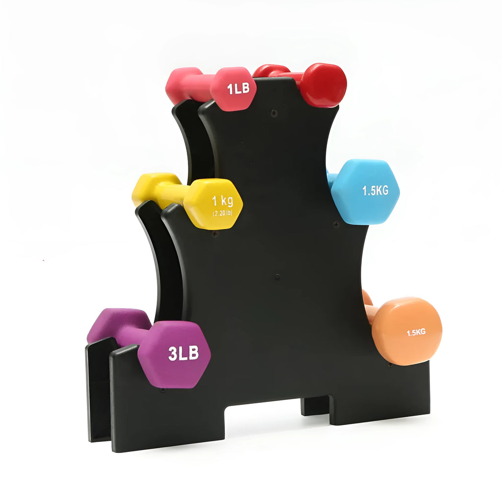 White PVC dumbbell rack fitness stand on gym floor, removable bracket for weight storage.