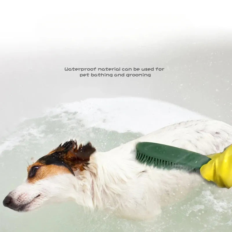 Green and pink dual-use dog brush and sticky clothes hair remover for pet grooming.