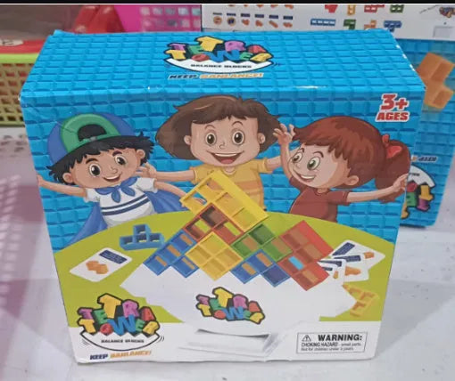 Plastic balance stacking game with coloured blocks, chassis and base for kids and adults