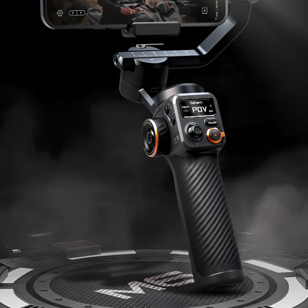Black three-axis smartphone stabiliser with AI fill light attached, shown with tripod and accessories