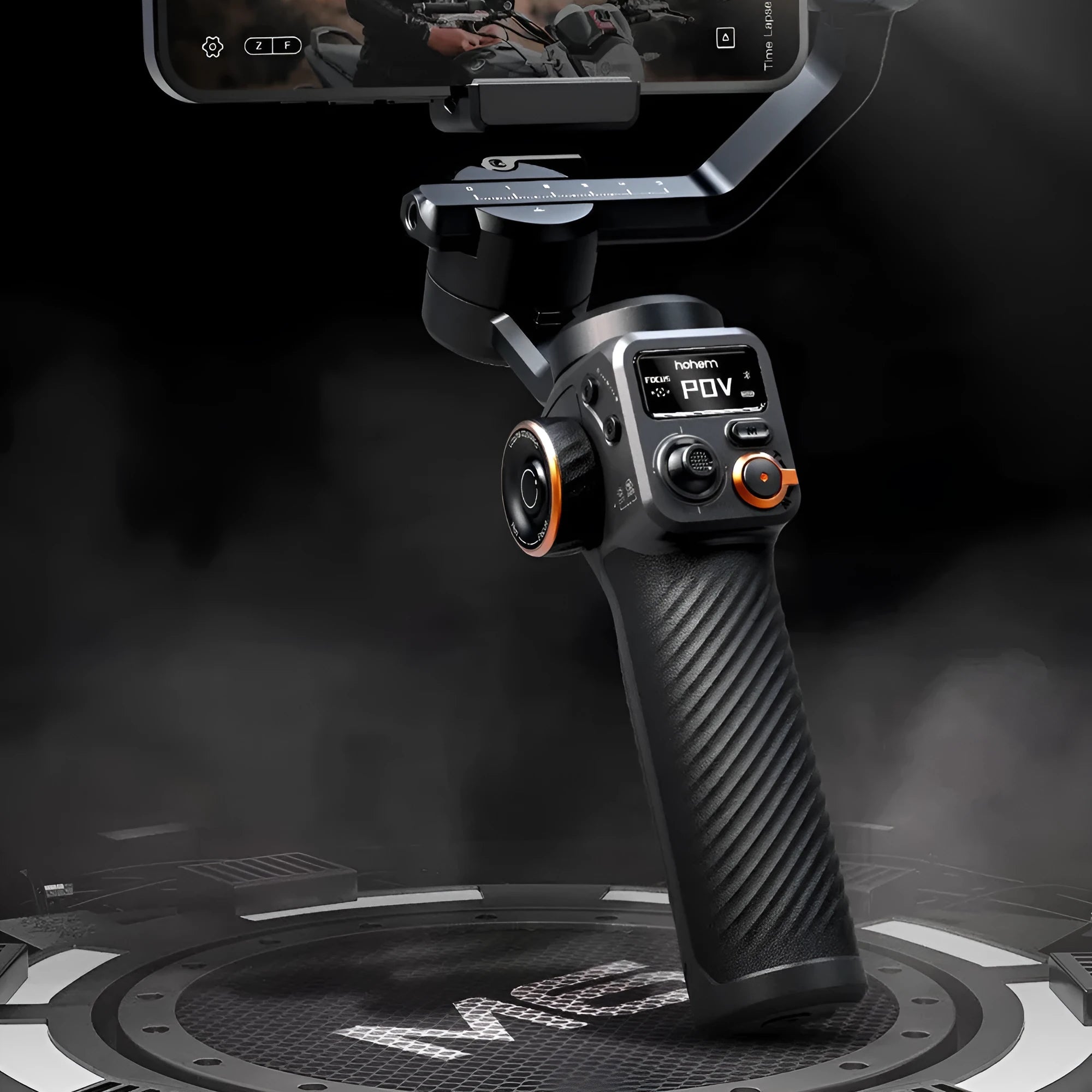 Black three-axis smartphone stabiliser with AI fill light attached, shown with tripod and accessories