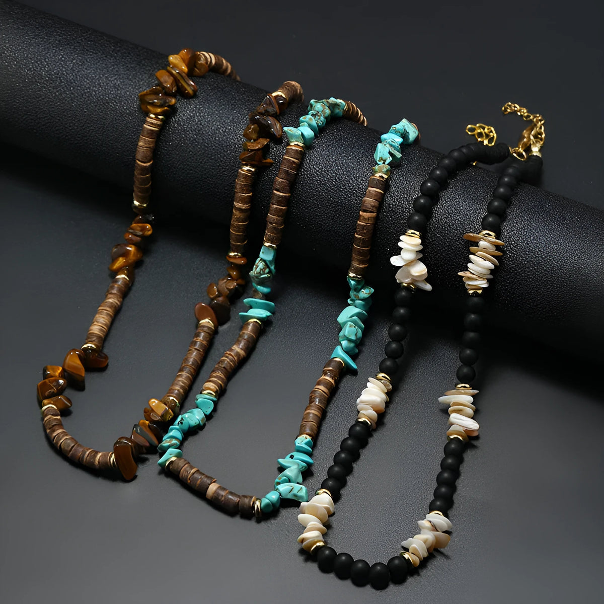 Men's hand-woven bohemian necklace with turquoise, shell white, and tiger stone beads and crystal pendant on adjustable cord