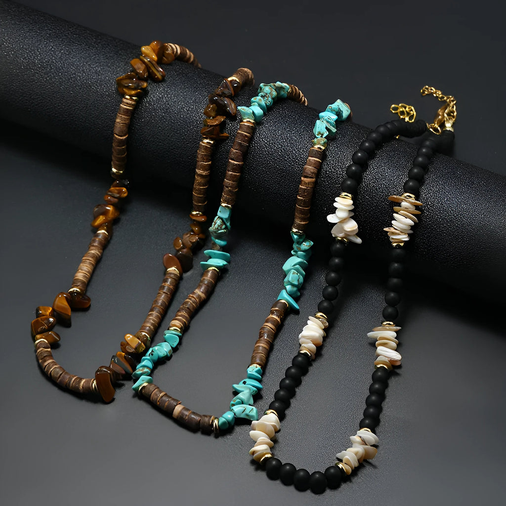 Bohemian hand-woven necklace for men with turquoise beads and crystal pendant on regular chain
