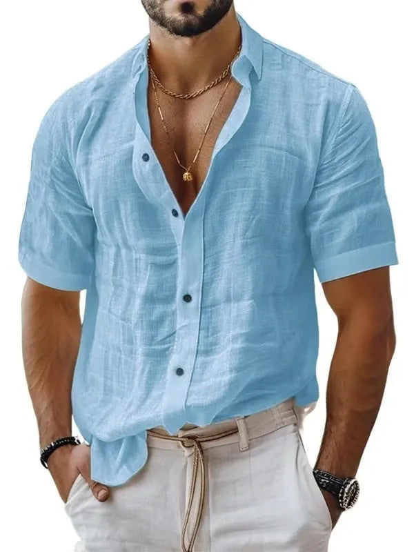 Men's short sleeve lapel shirt in a solid colour, showing cardigan style and polyester fabric.