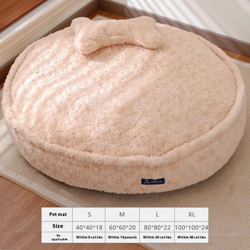 Round cloth pet bed in milk tea colour showing removable washable design for pet hygiene