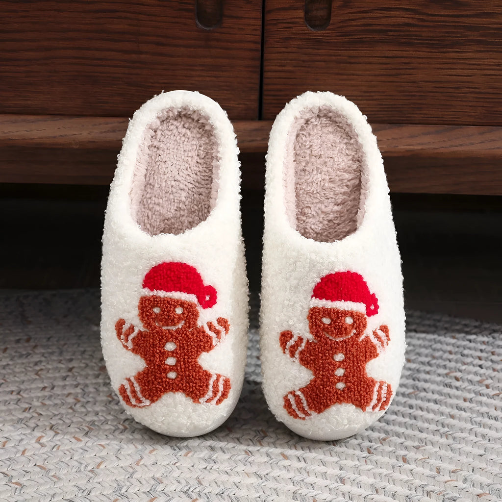 Christmas gingerbread cotton slippers for adults with suede upper, sewn PVC sole and EVA foam midsole