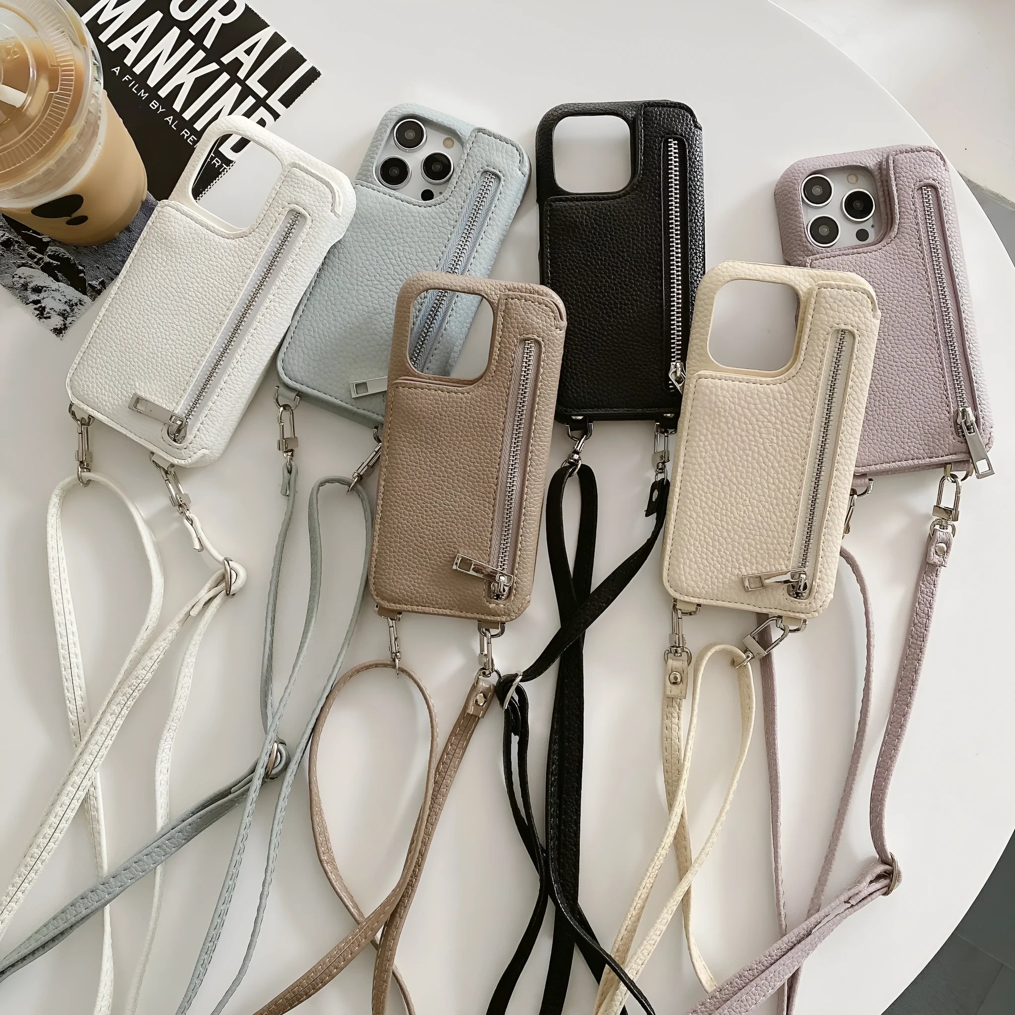 Lychee pattern imitation leather two-fold phone case with card slots and mirror, crossbody strap, for iPhone
