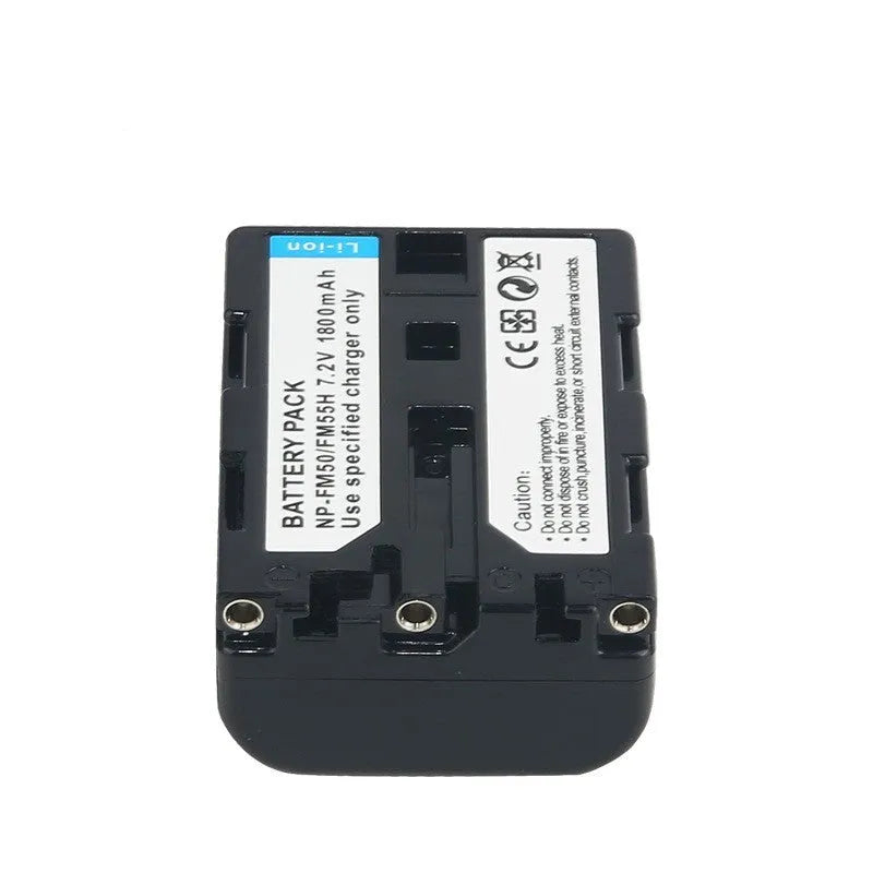 Black FM50 FM30 FM55H camera battery, 7.2V DC/DV replacement power pack with 8.4V charger input.