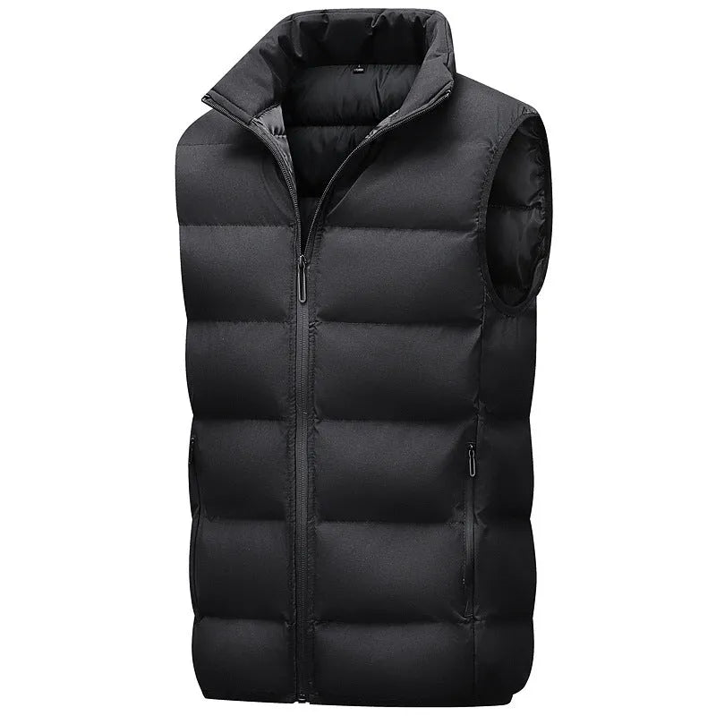 Men's waterproof polyester vest in black with straight hem, front view