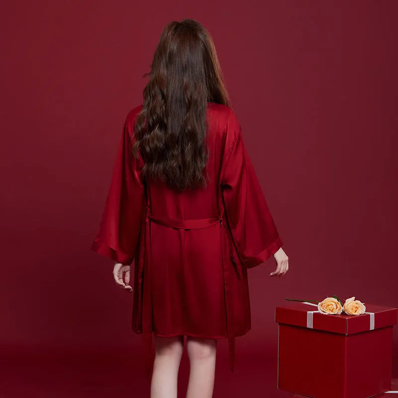 Red ice silk polyester wedding dowry suit set for men and women with long sleeves