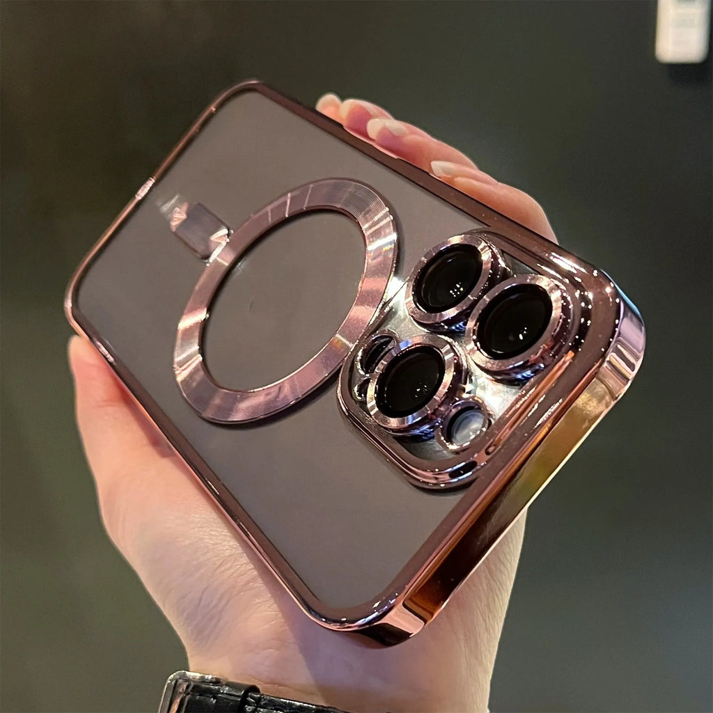 Electroplated magnetic TPU phone case for iPhone in black with camera lens film