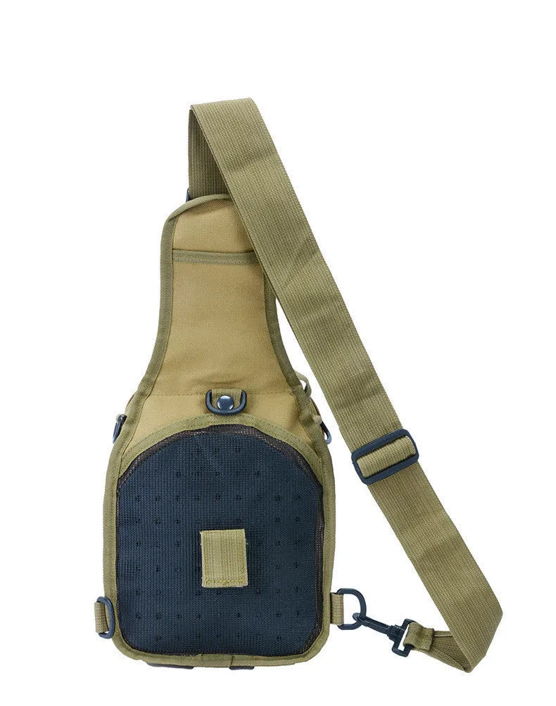 Compact camouflage tactical backpack with MOLLE webbing on front, carried as a shoulder bag.