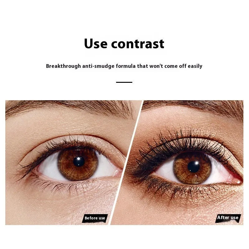 Black waterproof mascara product showing 4D long thick curling effect on lashes