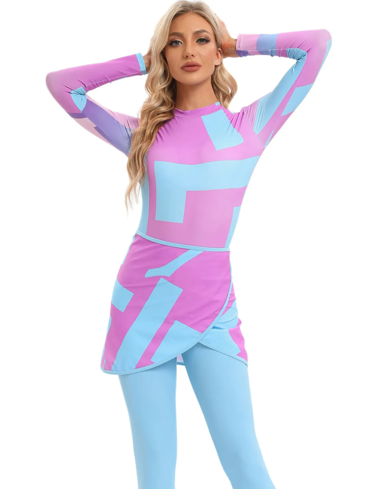 Conservative blue swimwear three-piece set with apron cover-up on hanger