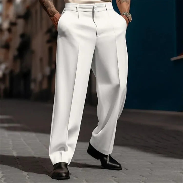 Men's straight leg suit trousers with diagonal pocket, breathable cotton blend, available in six colours