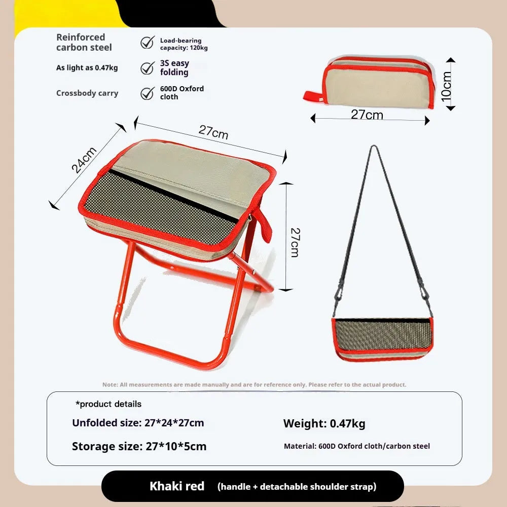 A lightweight foldable camp stool with an Oxford cloth seat, shown in a collapsed pencil box design.