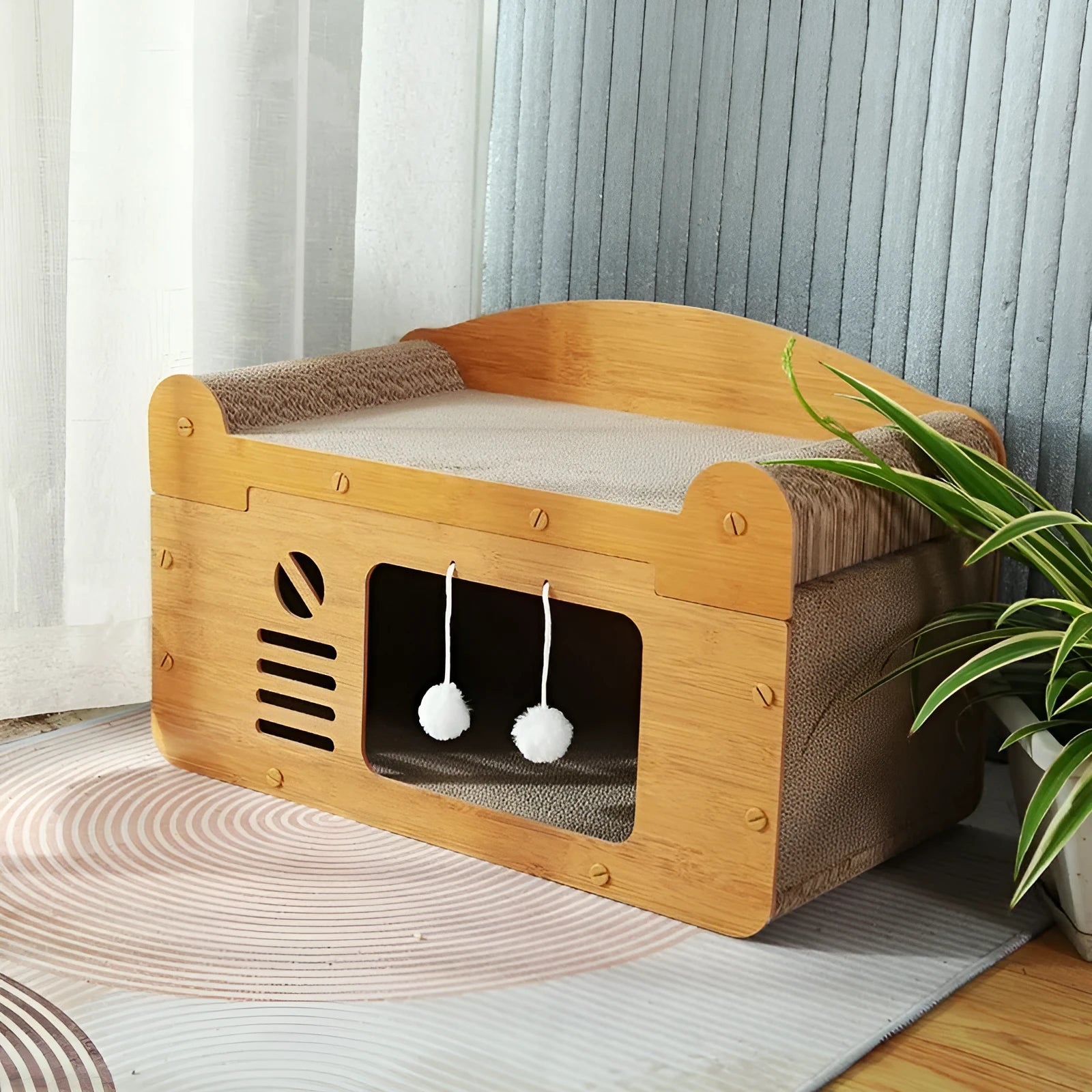 Corrugated paper double layer cat house with double ball double door design for indoor cats