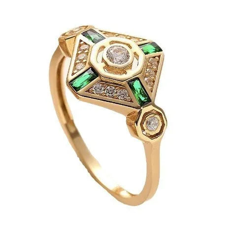 Ins style square emerald diamond ring in lvzuan colour on a white background.