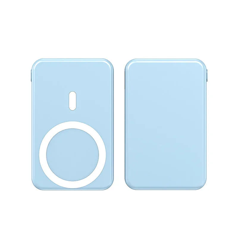 Ultra-thin portable power bank with wireless magnetic charging in white, black, or blue colour options