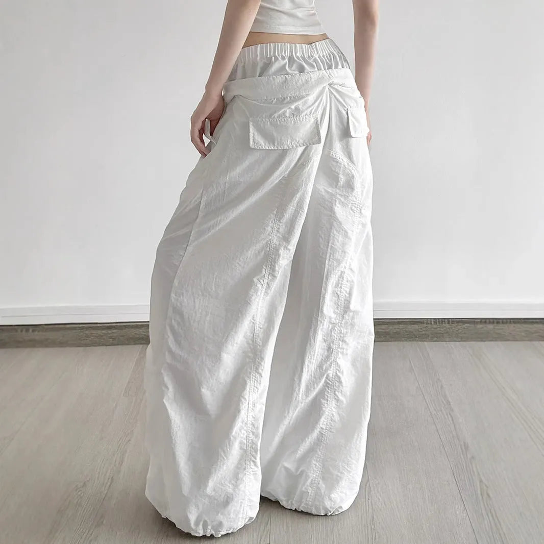 White ruffle drawstring lace letters embroidered slacks with high waist and multiple pockets