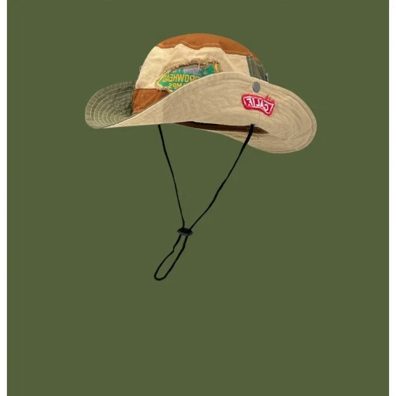 Women's army green cotton fisherman hat with retro patchwork design and flat top crown