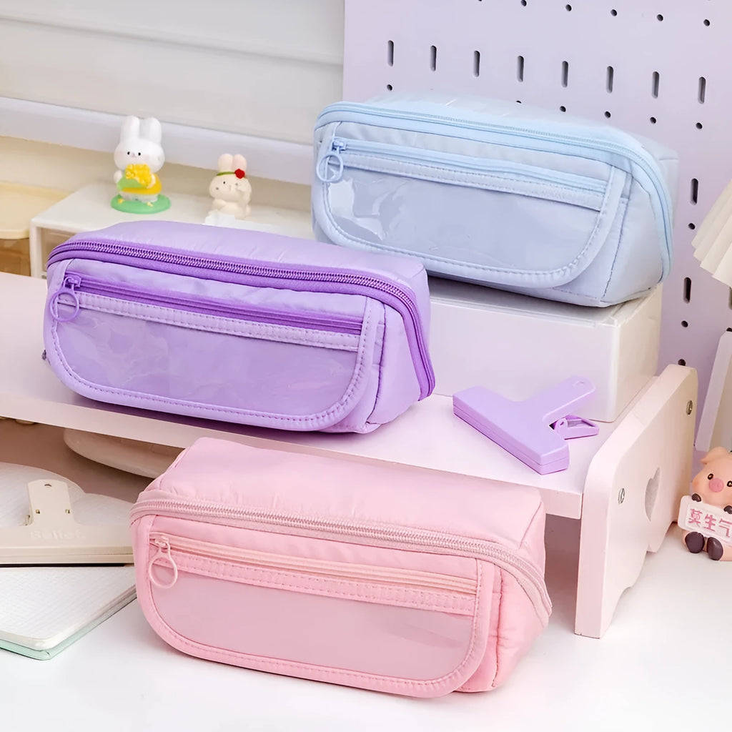 Ten-layer flip pencil case in canvas material showing multiple compartments in a choice of six colours.