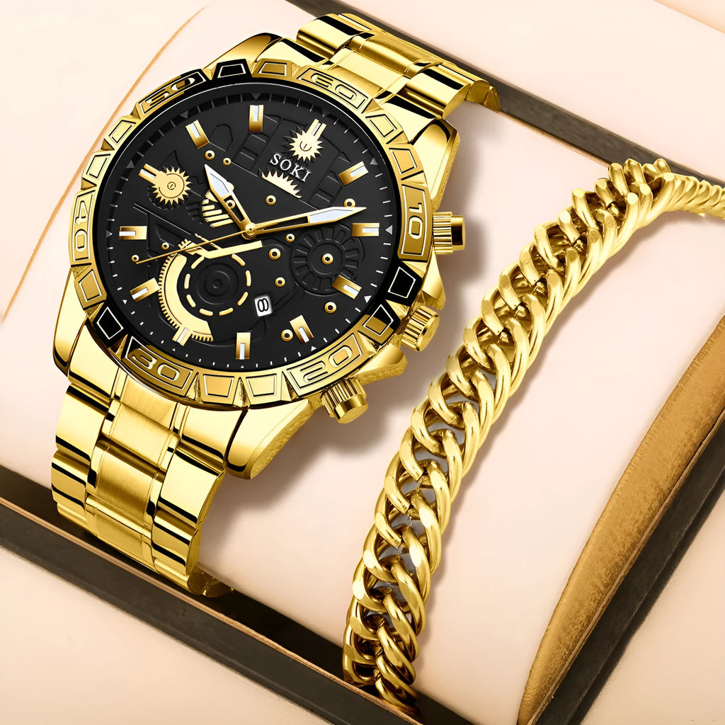 Gold men's business watch with stainless steel strap and calendar on dial