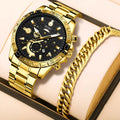 Gold men's business watch with stainless steel strap and calendar on dial