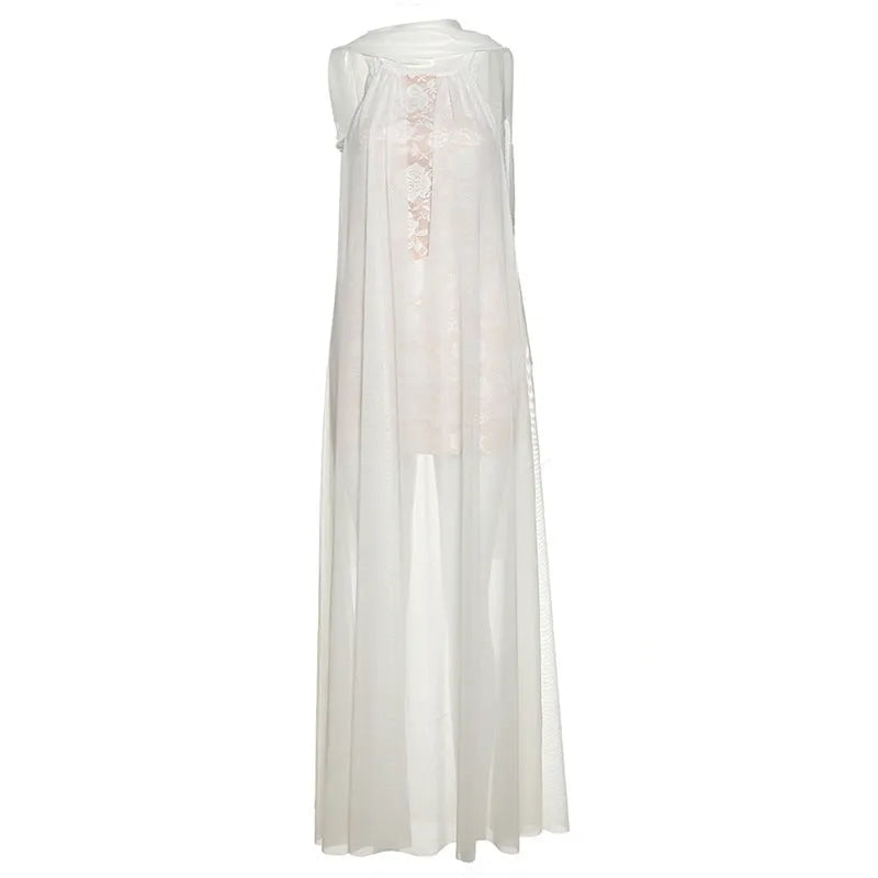 White women's halter dress with lace stitching, high waist, A-line long skirt, street fashion style