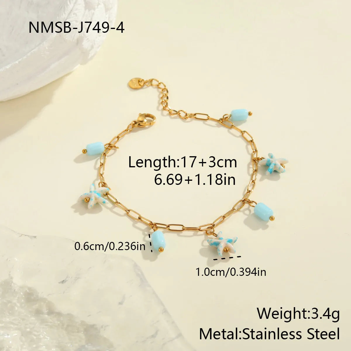 Stainless steel starfish necklace and bracelet set in blue with electroplated finish, regular chain style, women ocean jewellery.