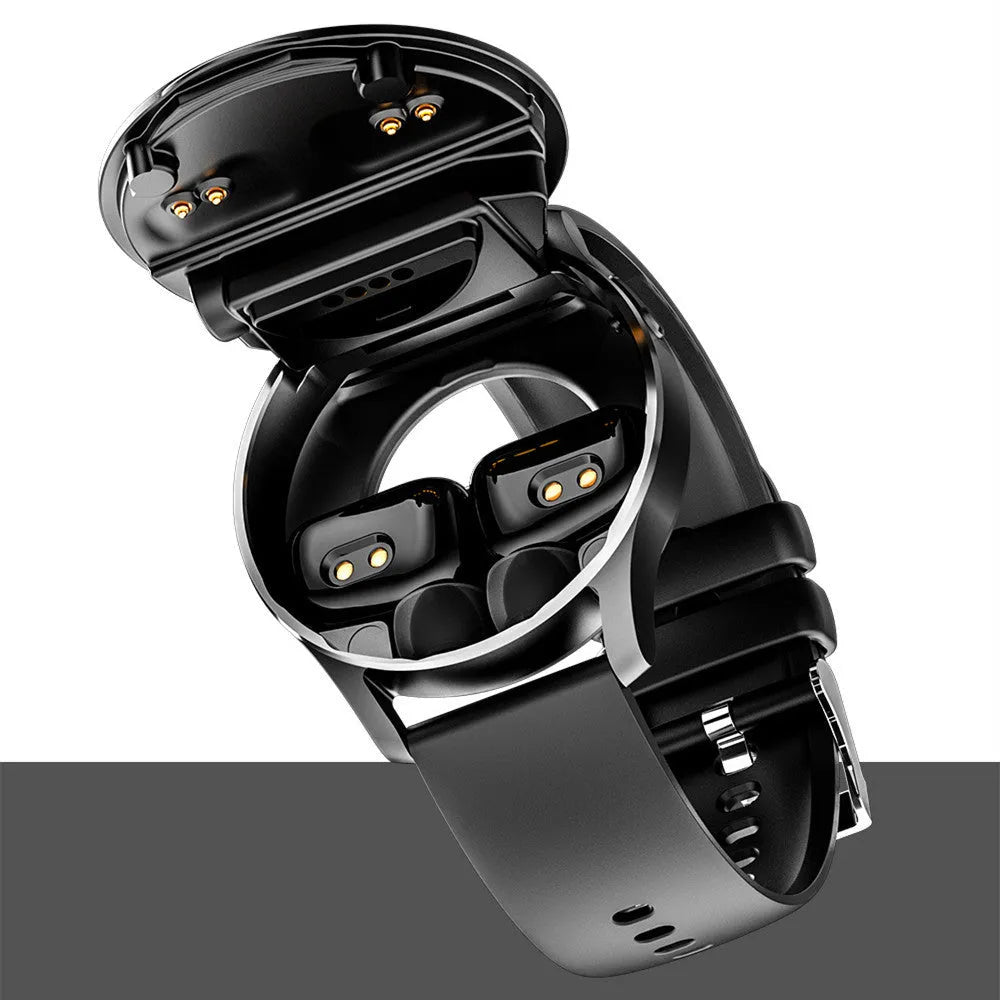 Black X7 smartwatch with integrated TWS earphones displayed on wrist, showing large HD touchscreen.
