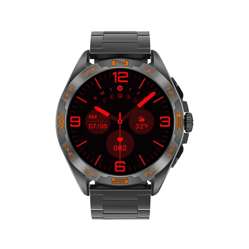 Black steel smartwatch on wrist showing heart rate and blood oxygen data on its IPS screen.