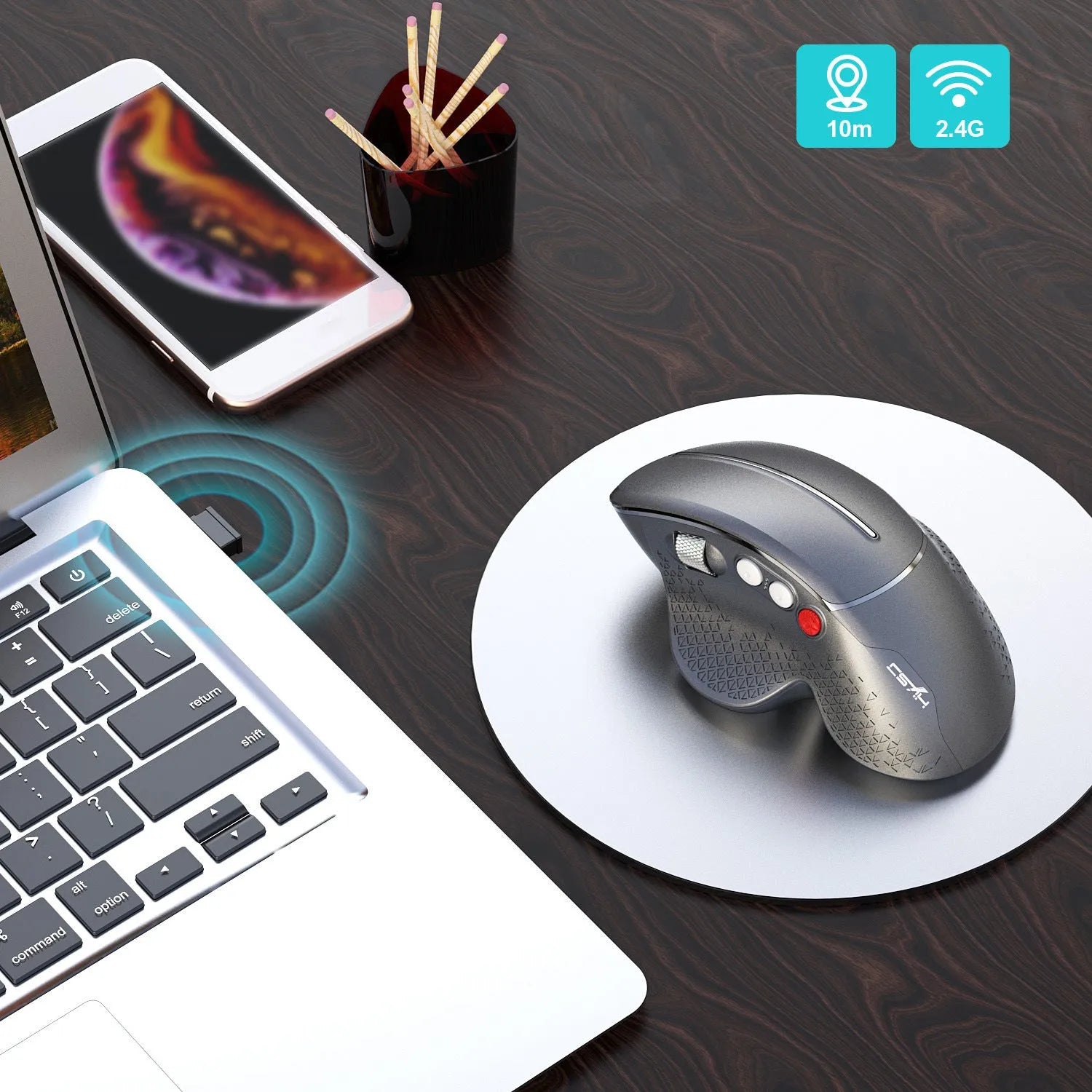 T32 wireless vertical ergonomic mouse in black matte texture showing aluminium side roller and 2.4GHz USB receiver.