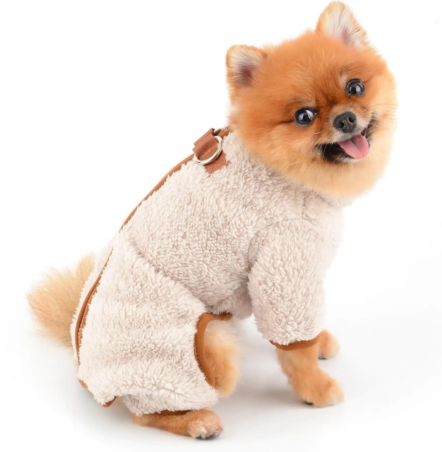 Green fleece dog coat with four-leg jumpsuit design and back zipper closure on a small dog