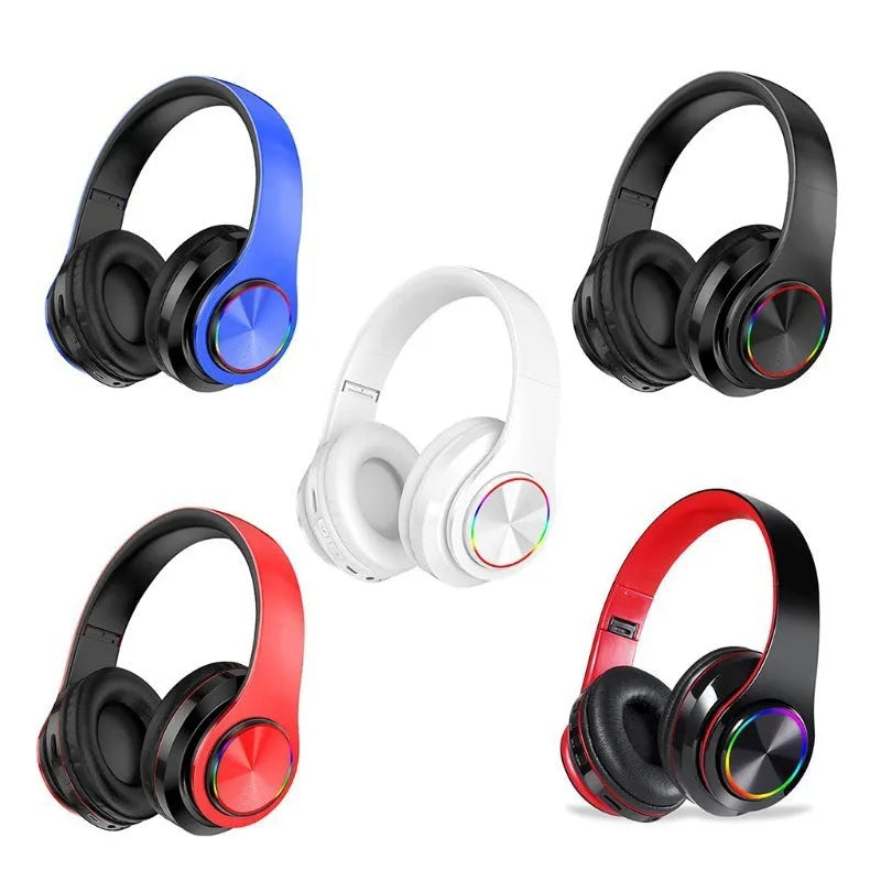 Head-mounted wireless Bluetooth headset in black, white, red, or black and red colours.