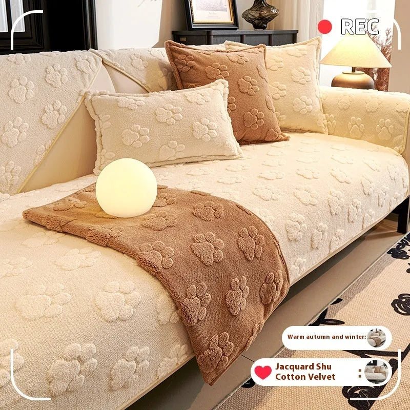 Thickened fleece non-slip sofa cushion in solid beige plush, square and rectangular sizes for sofa or dust cover use
