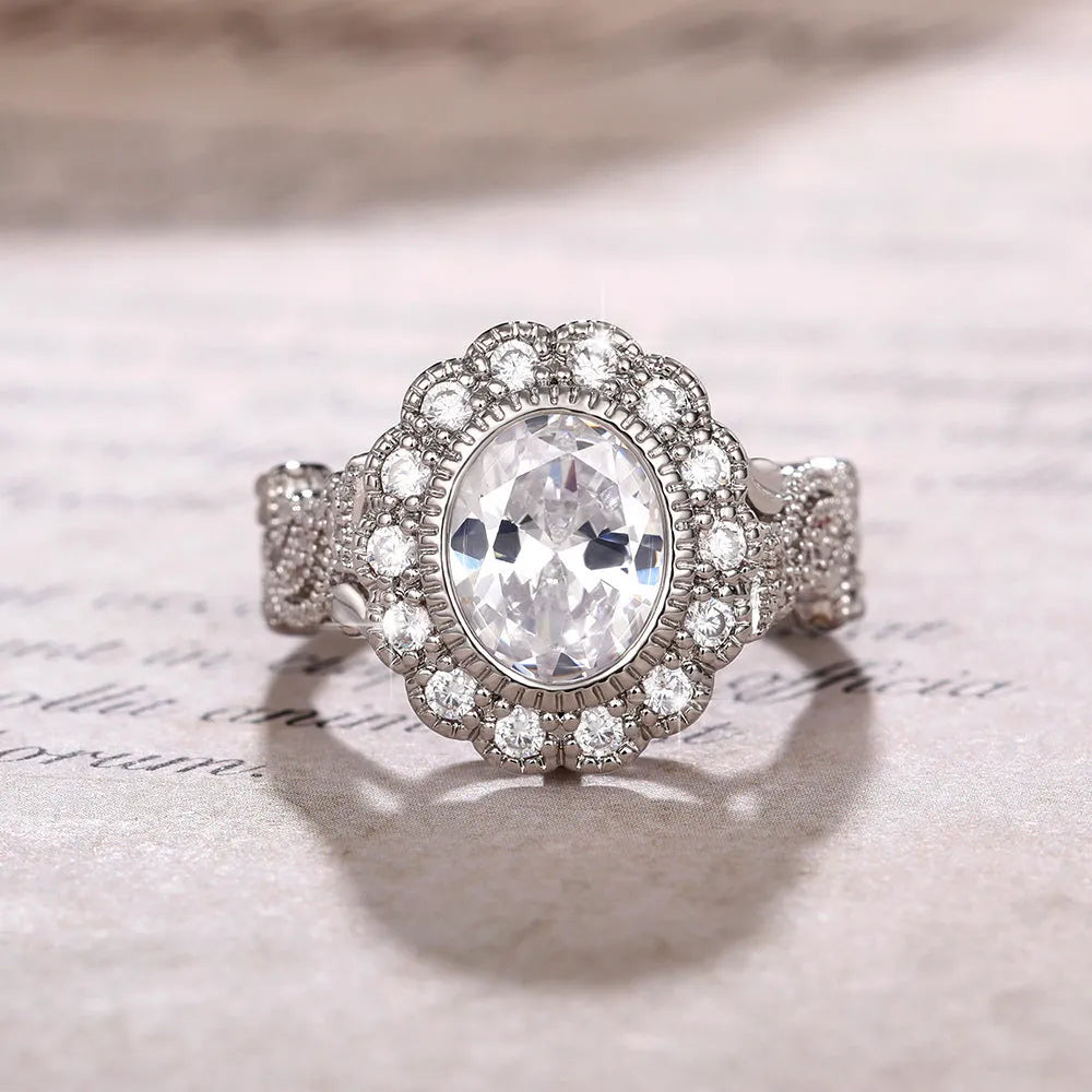 Women's copper ring with diamond plating, round zircon stone, and white gold colour finish on geometry band.