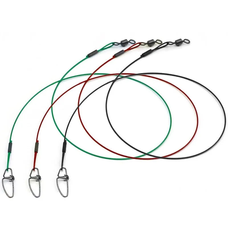Set of 10 green steel wire fishing leaders with double buckle pins showing 54cm length measurement