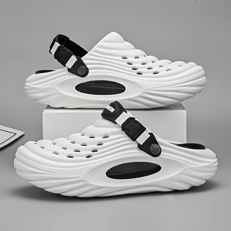 Men's solid colour EVA platform slippers with hollow-out design in black, shown from the side.