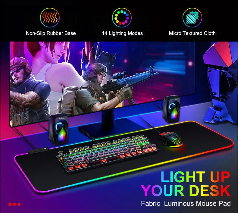 RGB gaming mouse pad in solid colour with non-slip rubber fabric base, sizes 250x300mm to 400x900mm, 3mm or 4mm thick