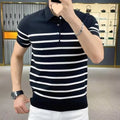 Man wearing a black and white striped knit t-shirt with a lapel collar, casual pullover style.