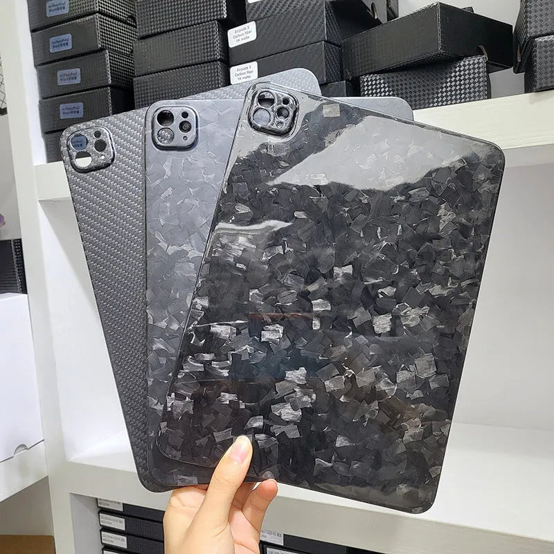 Carbon fibre flat hard protective cover for Apple iPad Pro 11 showing embossed plaid pattern.
