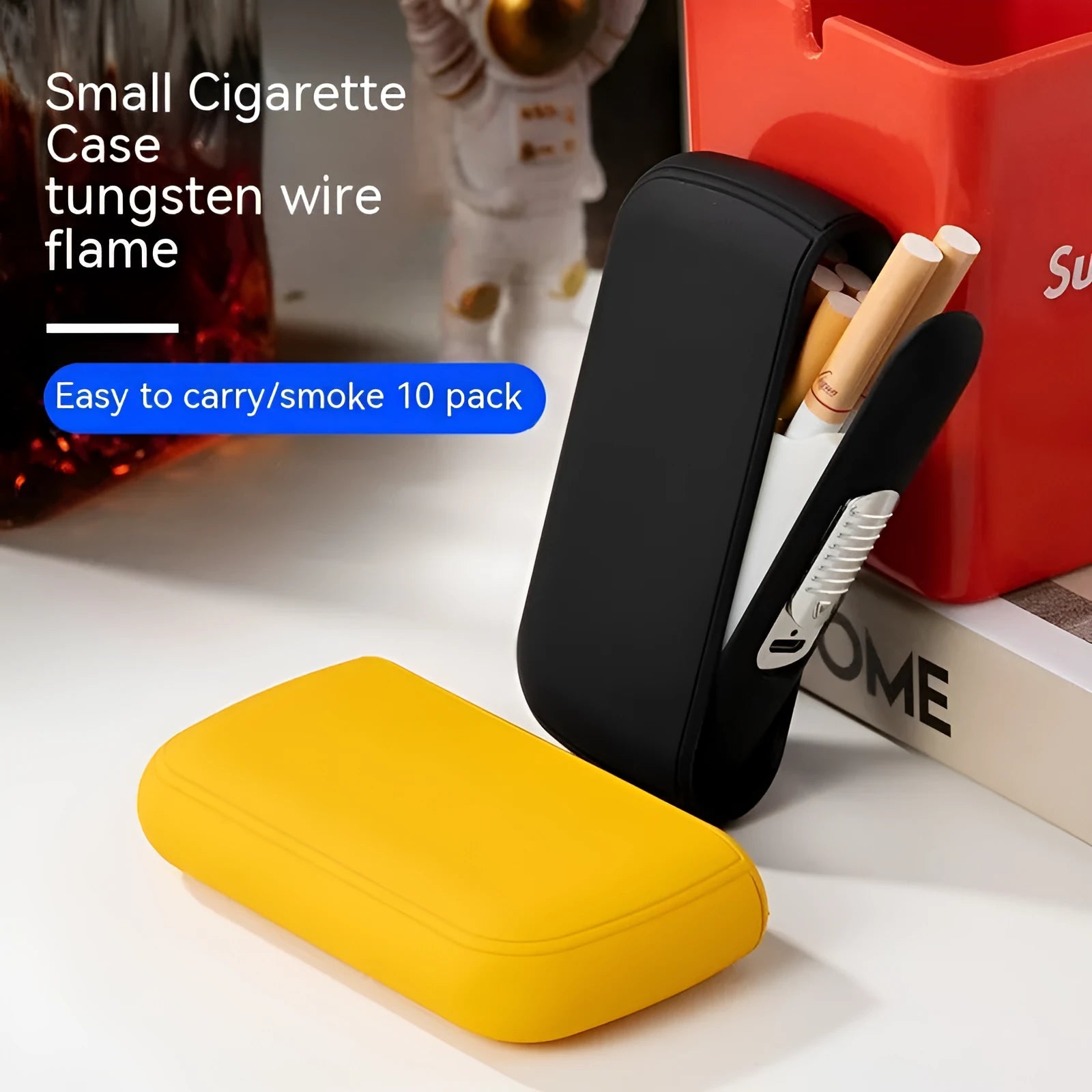 Cigarette case charging lighter in plastic with USB rechargeable, black colour, thick design