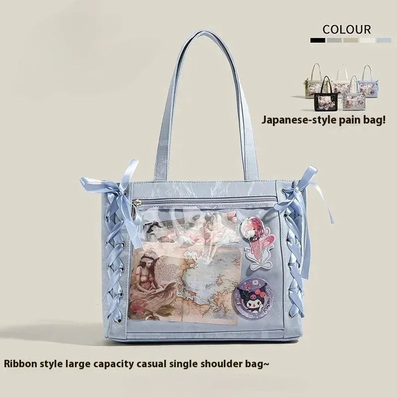 Transparent large capacity PU tote bag with double straps and zip pocket, shown in multiple colours.