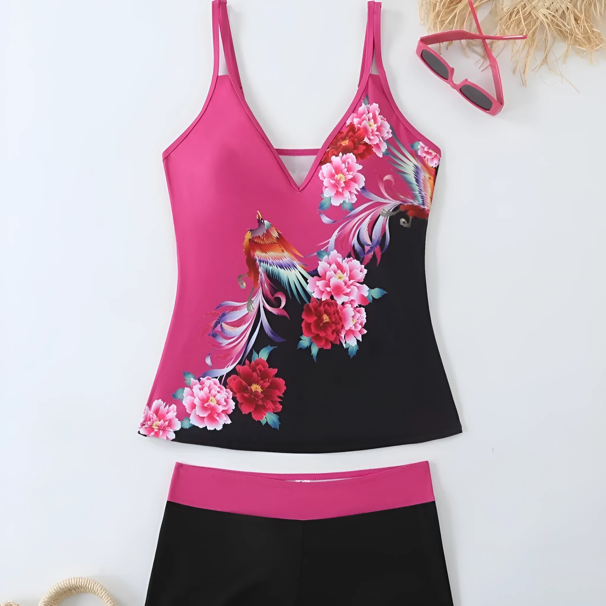 Women's black plus size split print brief swimsuit with a cotton lining.