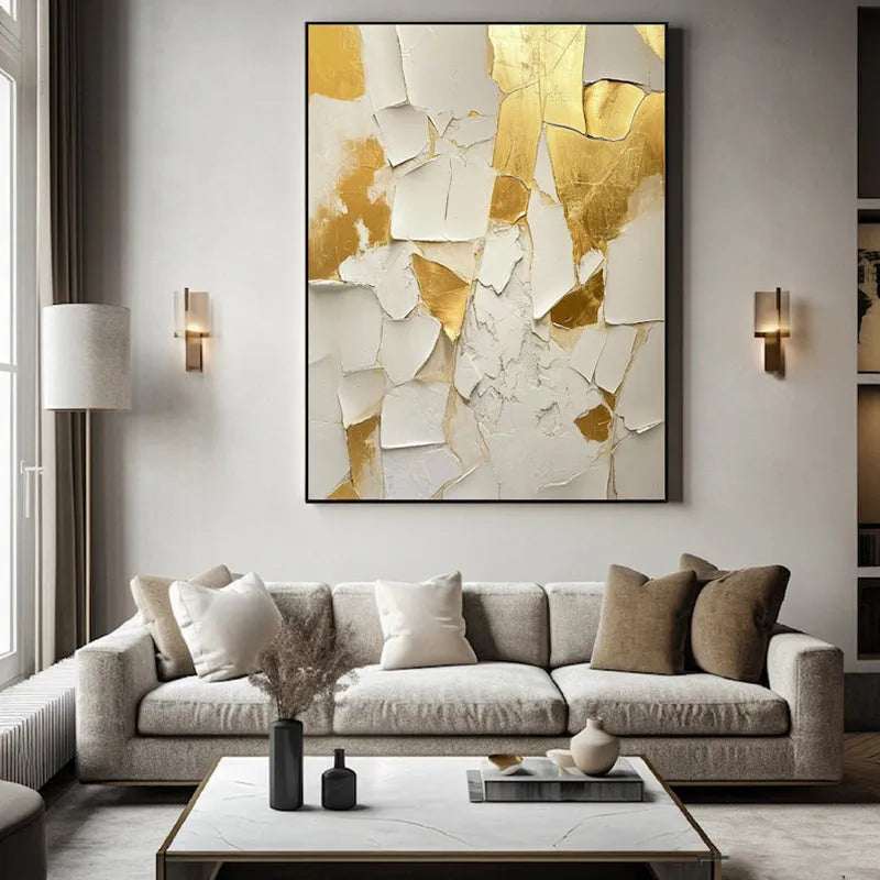 Handmade golden and white abstract oil painting on canvas, vertical orientation, no frame