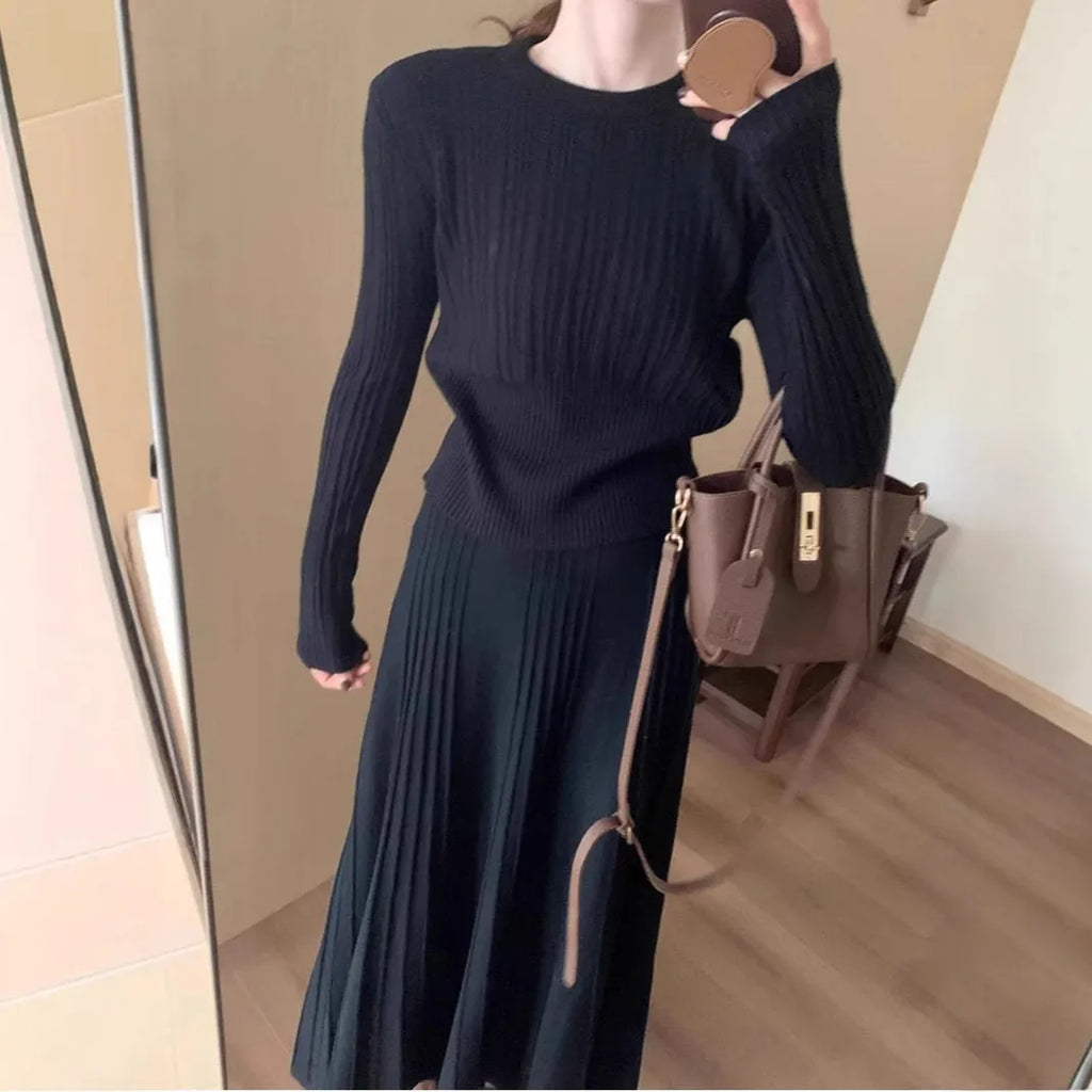 Dark grey artistic retro long knitted dress suit with 3D pattern and ethnic collage stitching, shown as a two-piece set.