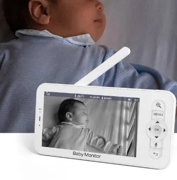 Baby monitor with 5-inch screen showing a clear 720P view of a baby in a cot, with controls for pan tilt and night vision